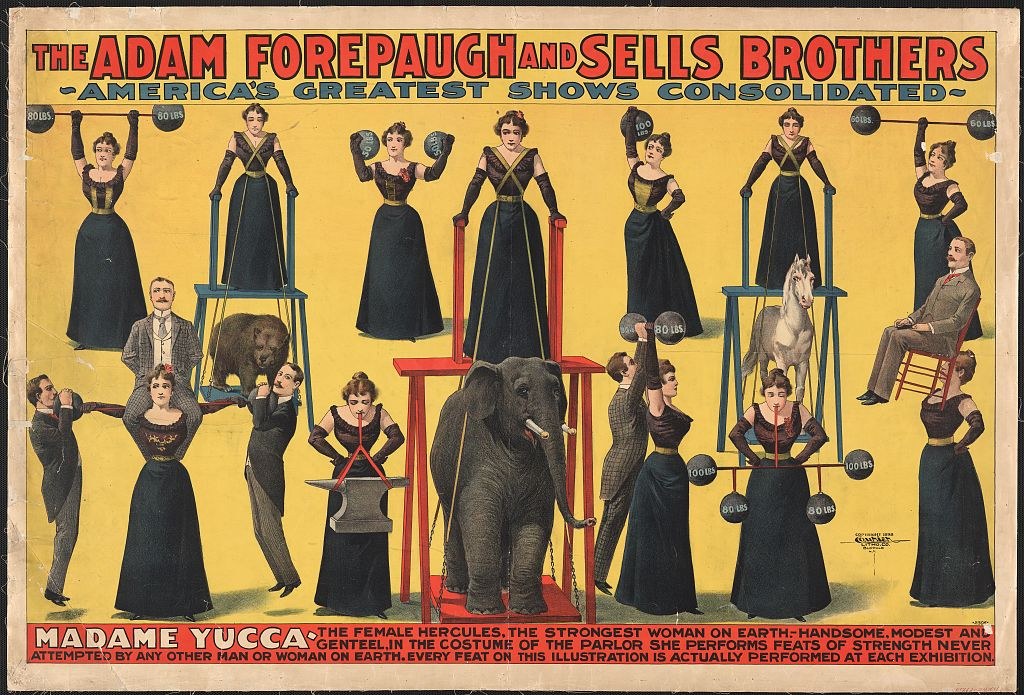 Plakat für die Show 'Adam Forepaugh and Sells Brothers' Greatest Shows Consolidated' mit Künstlern auf Hockern und einem Elefanten in der Mitte und Werbetext.