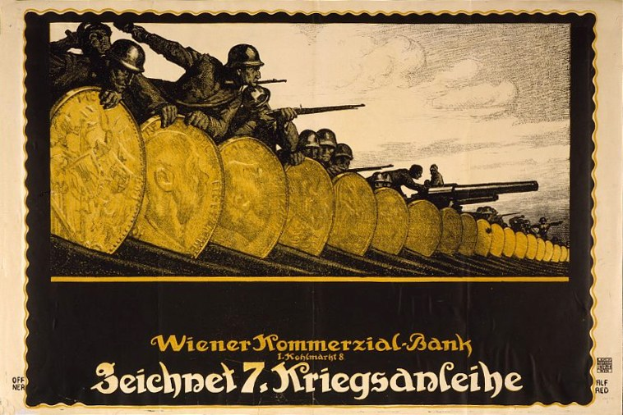Eine Gruppe von Helmetträgern mit Waffen, mit dem Text "Wiener Kommmerzial Bank" unten, dargestellt auf einem deutschen Weltkriegspropagandaplakat der deutschen Armee.