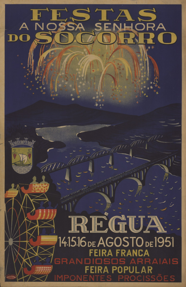 Buntes Plakat für ein brasilianisches Festival mit Brücke, Wasser, Hügeln und Feuerwerk mit Text zu den Veranstaltungseinzelheiten.