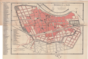 Detailiertes altes Stadtplan von Offenbach, Deutschland, zeigt Straßen, Gebäude und Sehenswürdigkeiten mit weißem Hintergrund.