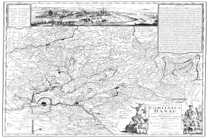 Ein Schwarz-Weiß-Plakat mit einer detaillierten Karte von Comitius Hanau, das Straßen, Gebäude und Bilder von Menschen mit begleitendem Text zeigt.