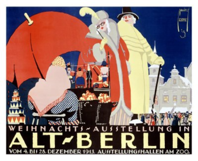 Plakat, das eine Weihnachtsausstellung in Alt-Berlin ankündigt, mit einer lebendigen Illustration von Menschen, Geb├Ąuden und Gegenst├Ąnden und dem Text "Weihnachtsausstellung in Alt-Berlin" überall.