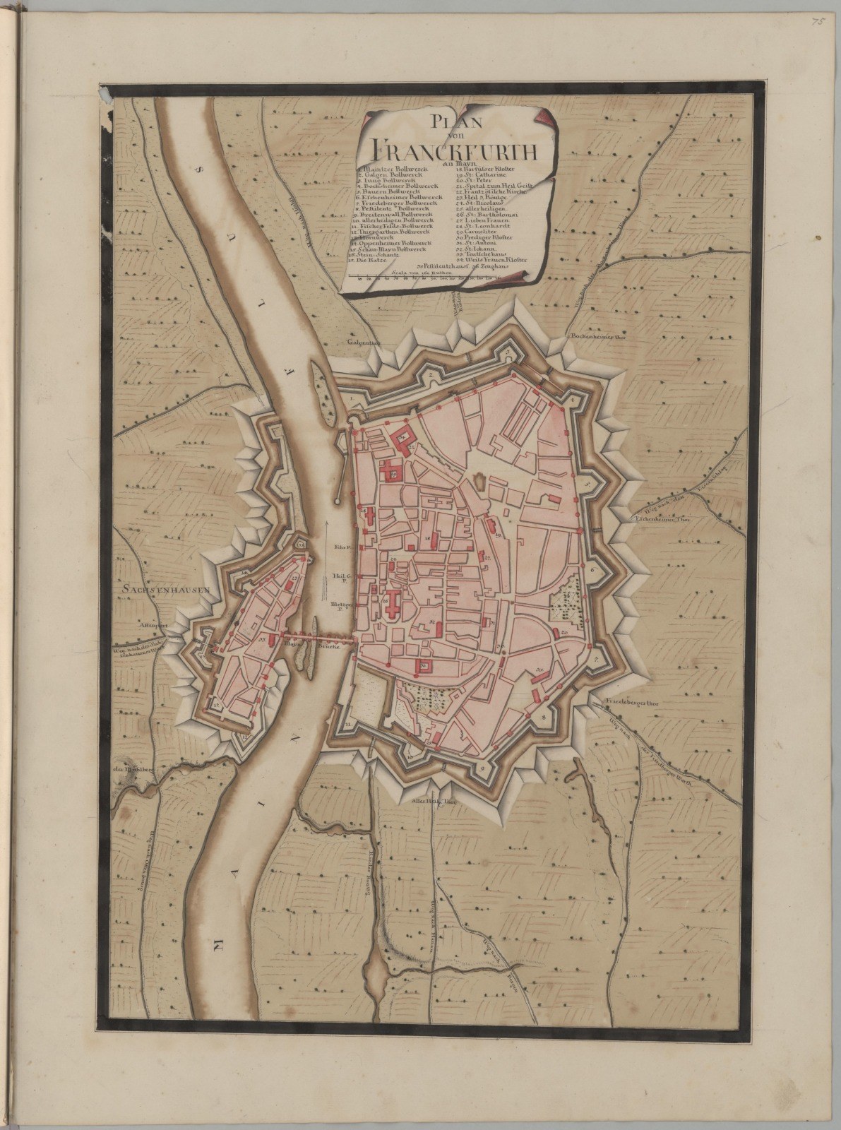 Offenes altes Buch mit einem detaillierten Stadtplan von Frankfurt, Deutschland, der Straßen, Gebäude und Sehenswürdigkeiten zeigt.