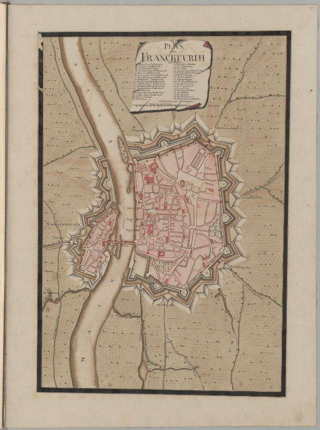 Offenes altes Buch mit einem detaillierten Stadtplan von Frankfurt, Deutschland, der Straßen, Gebäude und Sehenswürdigkeiten zeigt.