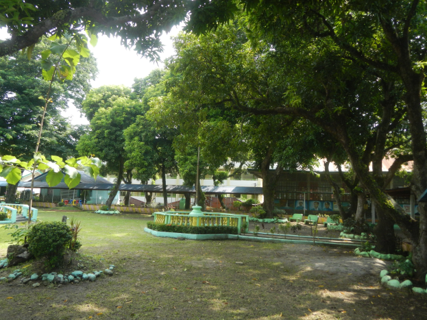 Ein Park mit grünem Gras, Pflanzen, Bäumen, einem zentralen Brunnen, fernen Gebäuden und einem klaren blauen Himmel.