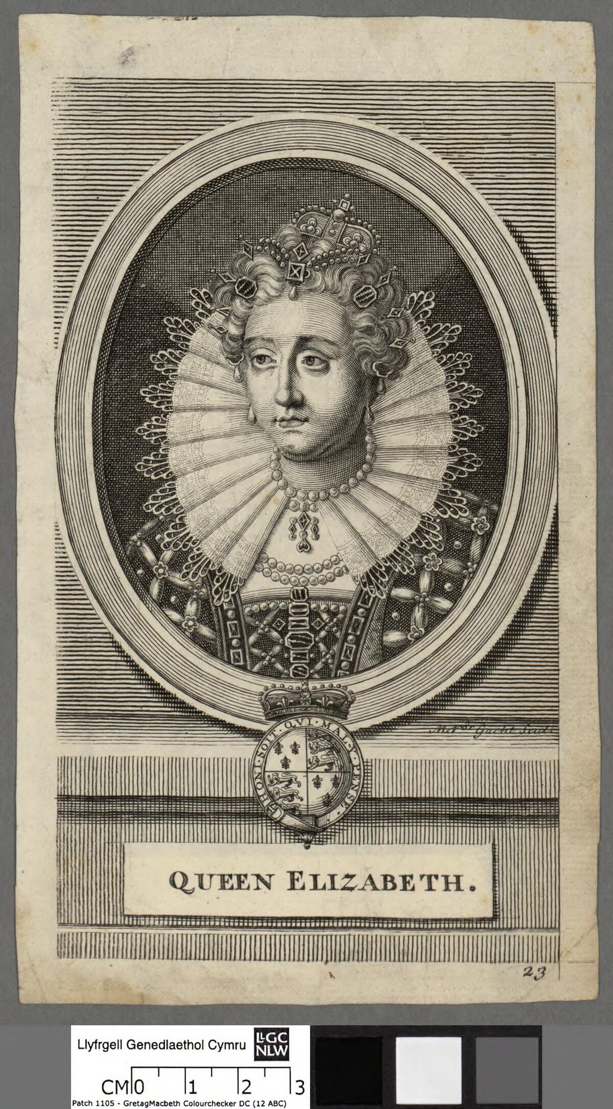 Porträt der Königin Elizabeth I. von England in königlicher Kleidung mit Krone und Tiara, grauer Hintergrund, feine Gesichtszüge und würdevoller Ausdruck.