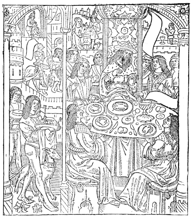 Schwarze und weiße Illustration eines mittelalterlichen Festmahls mit Menschen an einem Tisch mit Tellern, Speisen und Gegenständen, darunter Text am unteren Rand.