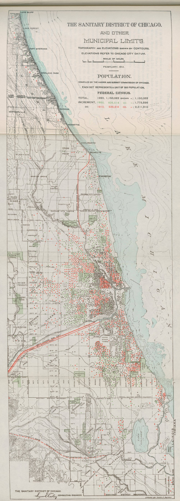 Ein altes Stadtplan von Chicago, der die städtischen Grenzen mit detaillierten Texten zeigt.