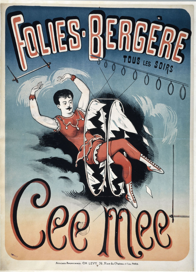 Plakat, das einen Zirkus mit einem Mann in einem bunten Kostüm auf einem Trampolin auf einem hellgelben Hintergrund mit einem blauen Himmel und weißen Wolken zeigt.