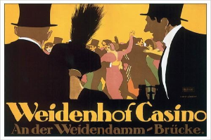 Plakat für das Weidenhof Casino in Brücke, Deutschland, mit schwarzem Rand, das eine lebendige Illustration von tanzenden Menschen und die Worte "Weidenhof" in fetter Schrift oben zeigt.