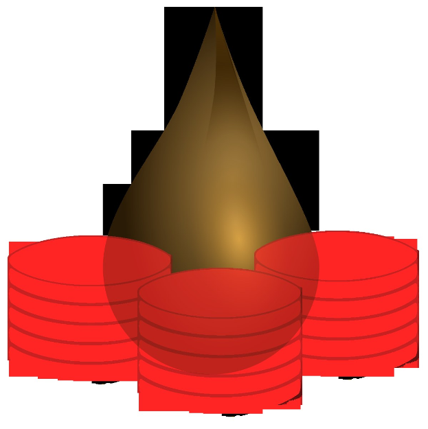 Ein Stapel roter und goldener Münzen mit einer goldenen Spitze auf einem weißen Hintergrund.