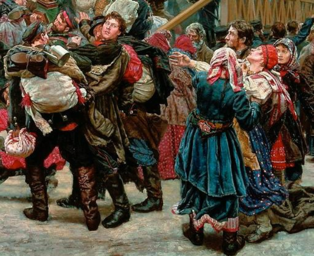 Gemälde, das eine lebendige Szene von Menschen zeigt, die in traditioneller russischer Kleidung tanzen und Gegenstände halten, vor einer Menge mit einem hölzernen Haus im Hintergrund, das die Atmosphäre der russischen Revolution vermittelt.