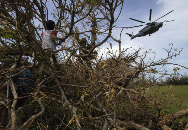 Ein grüner Hubschrauber mit einem darauf liegenden Baum, zwei Personen in der Nähe, grasbewachsener Boden, verstreute Bäume und bewölkter Himmel.