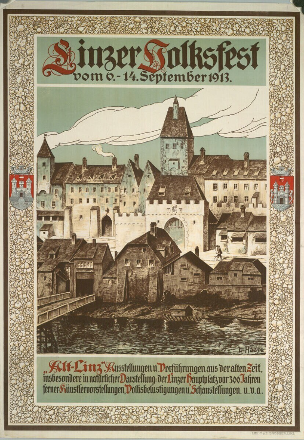 Alter Plakatentwurf für ein Festival in Deutschland mit einer Illustration eines Schlosses umgeben von Häusern und Text mit Festivaldetails.