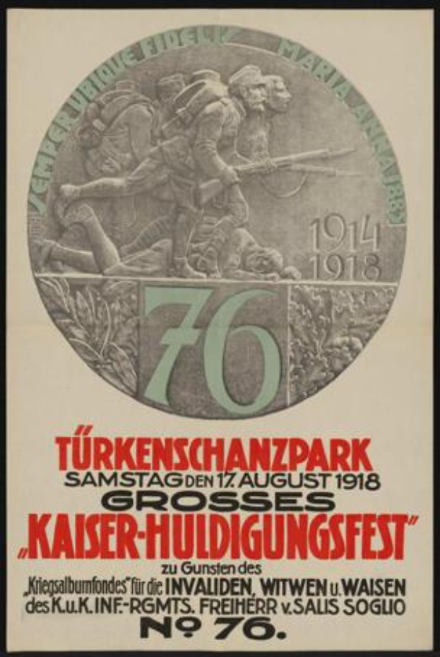 Ein gerahmtes Plakat zum 70. Jubiläum des Kaiser-Huldigungsfestes in Berlin, Deutschland, das eine Gruppe von Menschen in der Mitte umgeben von Text und Zahlen zeigt.