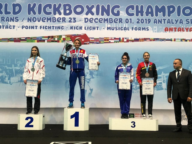 Fünf Personen mit Trophäen und Urkunden auf einem Podium mit einem "World Kickboxing Championship Antalya 2019"-Plakat im Hintergrund.