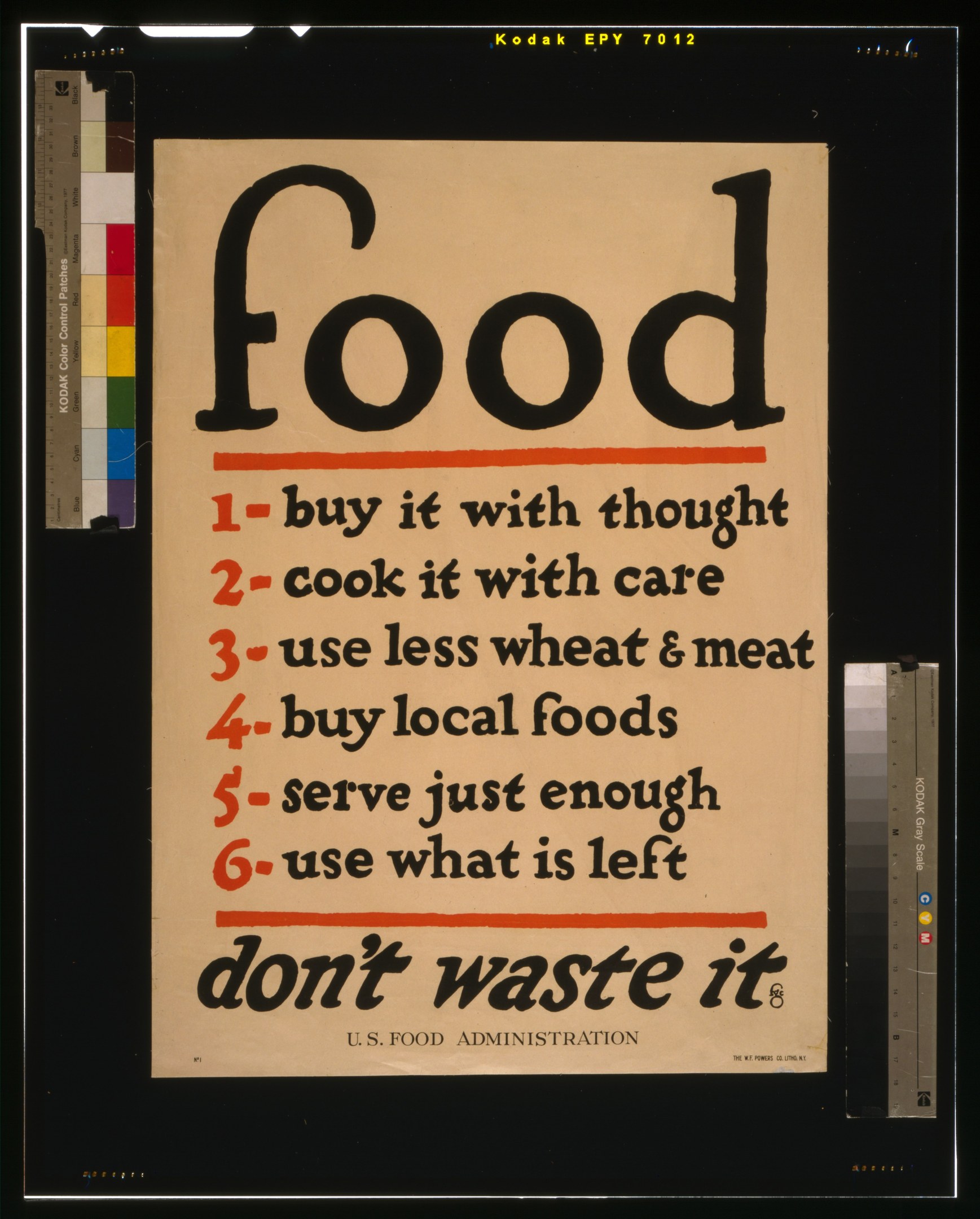Plakat mit Text, der zum bewussten Einkauf, schonenden Kochen, reduziertem Getreide- und Fleischkonsum, angemessenen Portionen und Vermeidung von Abfall auffordert.