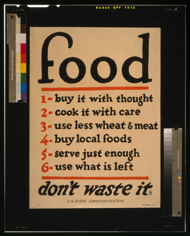 Plakat mit Text, der zum bewussten Einkauf, schonenden Kochen, reduziertem Getreide- und Fleischkonsum, angemessenen Portionen und Vermeidung von Abfall auffordert.