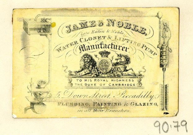 Visitenkarte für James Noble Wasser closet & Hebe pump Herstell mit Text, der das Produkt und seine Merkmale beschreibt.