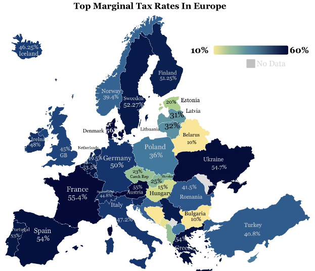 Eine Europakarte, die die Spitzensteuersätze pro Land anzeigt, mit der Überschrift "Spitzensteuersätze in Europa".