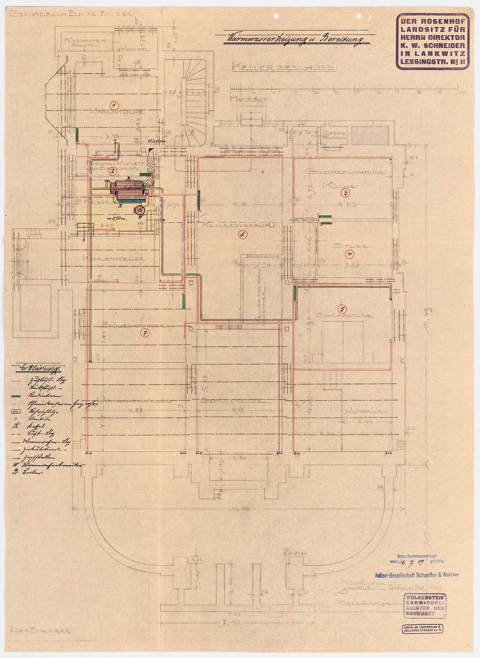 Schwarze-weißes Architekturdiagramm des Rosenhof-Krankenhauses in Hamburg, Deutschland, das detaillierte Grundrisse mit beschrifteten Räumen, Fluren und ausführliche Verdrahtungsschemata auf altem Papier zeigt.
