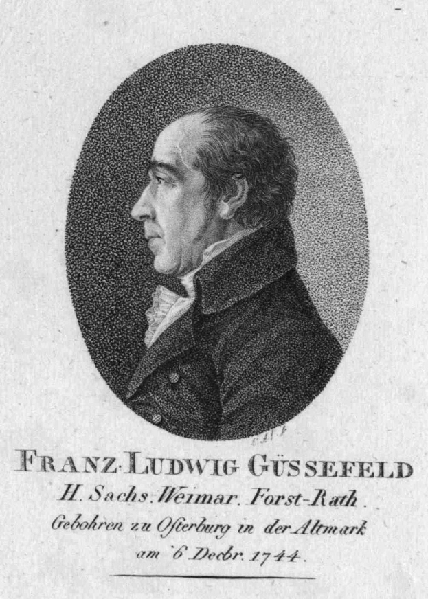 Schwarz-weiß-Porträt von Franz Ludwig Güssfeld, einem deutschen Komponisten, mit Text unten.