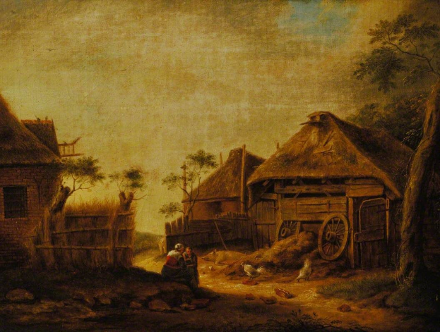 Gemälde mit dem Titel "Landschaft mit einem Bauern und seiner Frau" von Johannes Vermeer, das eine ländliche Dorfszene mit einem Mann und einer Frau im Vordergrund zeigt, umgeben von Hütten, Bäumen, einem Wagen, Gras, Felsen und einem bewölkten Himmel.