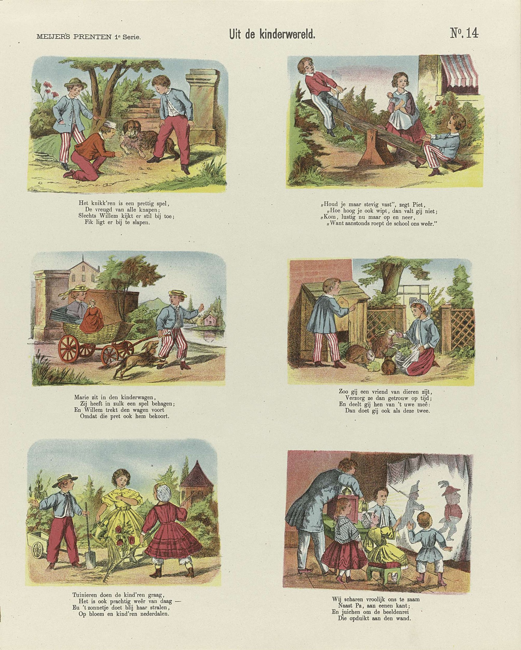 Offenes Buch mit Illustrationen von spielenden Kindern in einem Park, umgeben von Bäumen, Gebäuden und einem Wagen, mit begleitendem Text.