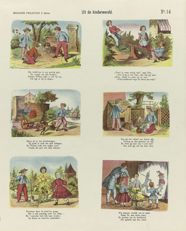 Offenes Buch mit Illustrationen von spielenden Kindern in einem Park, umgeben von Bäumen, Gebäuden und einem Wagen, mit begleitendem Text.