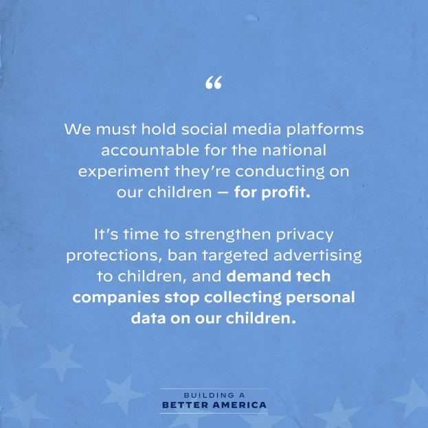 Plakat mit einem Zitat aus Building a Better America, das die Verantwortung von Social-Media-Plattformen für die experimentelle Nutzung von Kindern zum Profit betont, verziert mit Sternen.