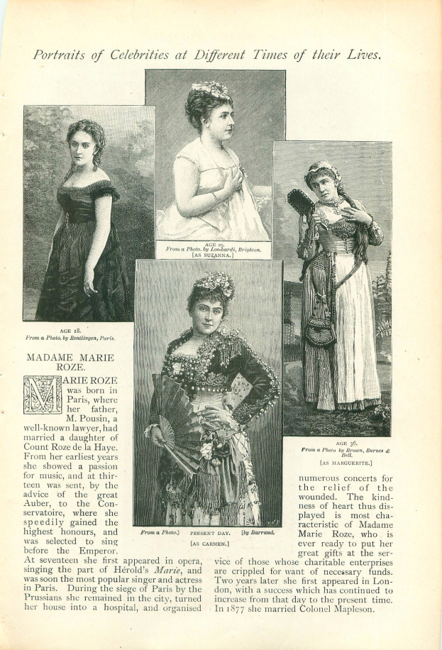 Ein altes Buch mit dem Titel "Porträts von Prominenten zu verschiedenen Zeiten ihres Lebens" mit Illustrationen von Frauen in langen, hochgeschlossenen Kleidern mit Hauben.