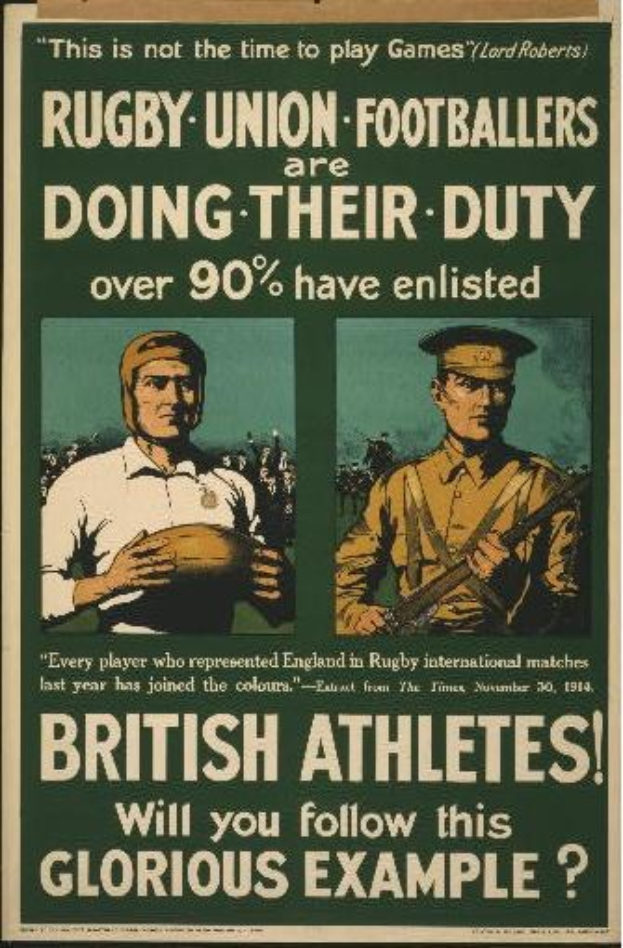 Plakat mit zwei Rugby-Union-Spielern in Militäruniformen mit Text über britische Athleten, die während des Kriegs eingezogen wurden.