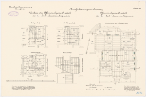 Schwarz-weißer Grundriss des ehemaligen Bundeskanzleramts in der Bundesrepublik Deutschland, der detaillierte architektonische Pläne und Textanmerkungen zeigt.