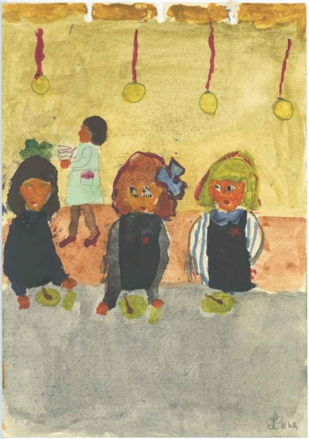 Gemälde von drei Kindern in festlicher Kleidung, die auf einer Bank vor einer Wand mit Weihnachtsdekorationen, bunten Orchideen und anderen Festdekorationen sitzen und strahlen.