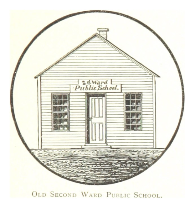 Ein zweigeschossiges Backsteinschulgebäude mit einem zentralen Haus mit einer Tür und Fenstern, beschriftet mit "Zweite Ward Public School."