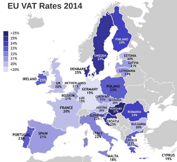 Eine Karte von Europa, die die EU-USt-Sätze von 2014 mit Prozentangaben und Text anzeigt.