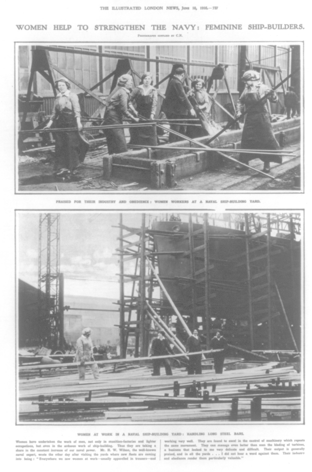 Schwarzes und weißes Foto von Frauen, die Metallteile an einem Schiff montieren, mit Text oben und unten "Frauen stärken die Marine Feminine Schiffbauer".
