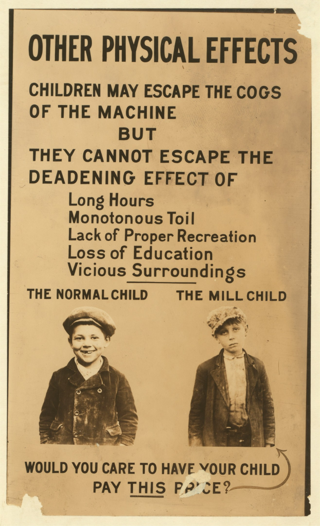 Zwei Jungen mit entschlossener Miene stehen nebeneinander auf einem Plakat mit der Aufschrift "Andere körperliche Auswirkungen, die Kinder den Maschinen entkommen können."