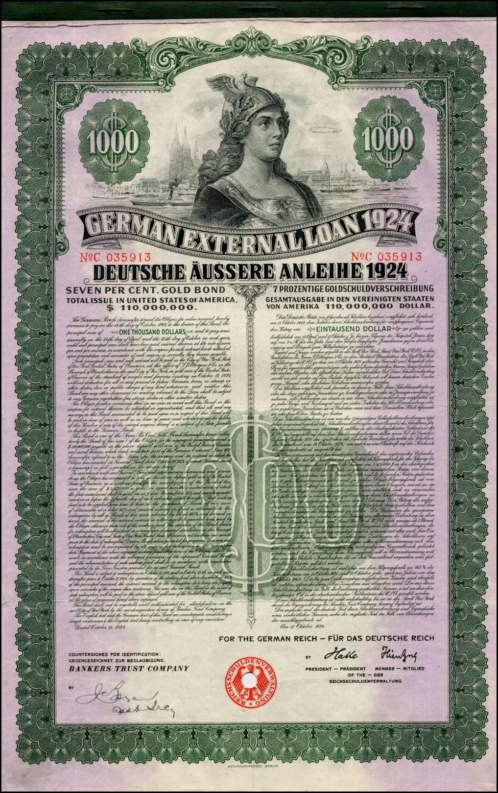 Deutsches Auslandsdarlehen-Zertifikat aus dem Jahr 1924 mit einer Frauendarstellung, mit gedrucktem Text und numerischen Nennbetragsdetails.