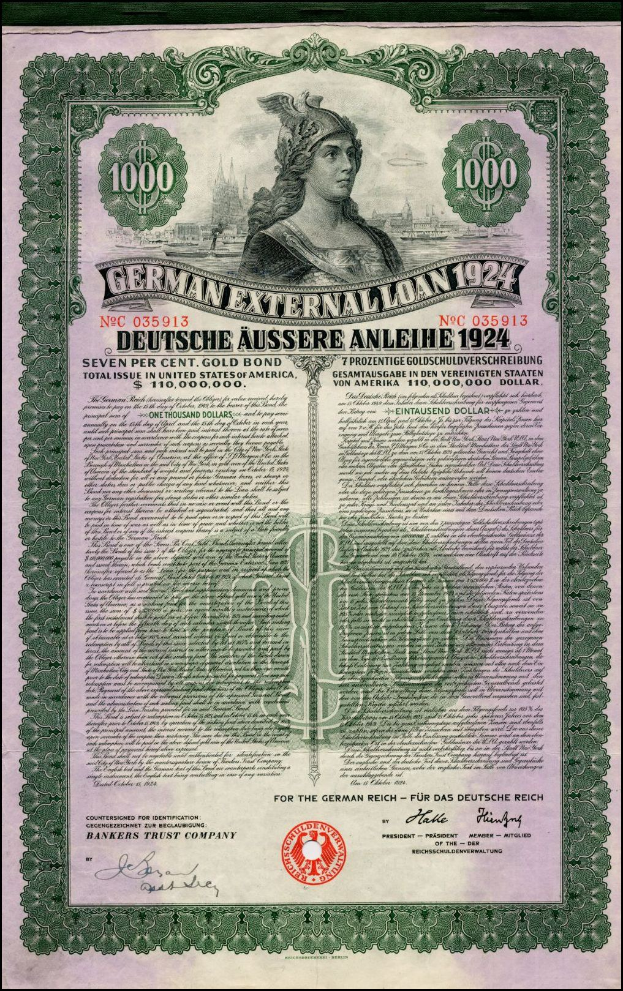 Deutsches Auslandsdarlehen-Zertifikat aus dem Jahr 1924 mit einer Frauendarstellung, mit gedrucktem Text und numerischen Nennbetragsdetails.