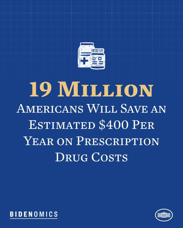 Ein blauer Hintergrund mit weißer Schrift und einem Logo, das '19 Millionen Amerikaner sparen geschätzt €400 pro Jahr bei Arzneimittelkosten' lautet.