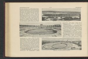 Ein aufgeschlagenes Buch mit einem Stadionbild neben Text und zusätzlichen Bildern.