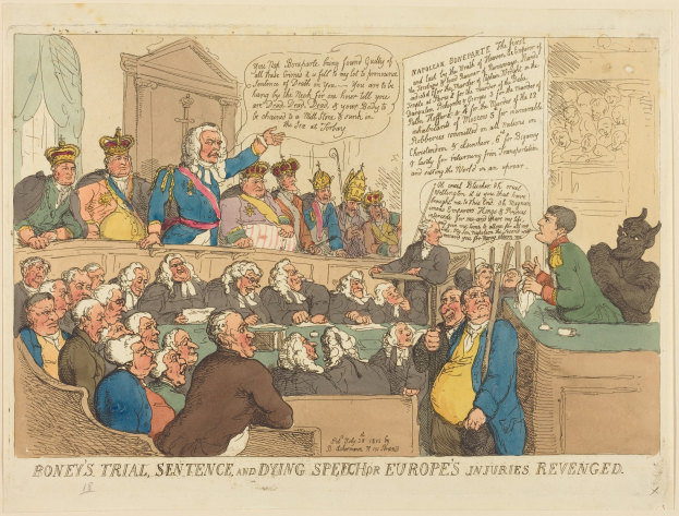 Cartoon-Illustration einer Gerichtsszene mit dem Titel "Boney's Trial, Sentence, and Dying Speech Europe's Injuries Revenged", auf der ein stehender Mann in der Mitte zu sehen ist, sitzende Personen und ein Tisch mit Gegenständen auf der rechten Seite.