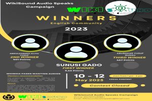 Ein buntes Plakat mit einem blauen Hintergrund und gelben und weißen Text, der in fetter Schrift "Gewinner" lautet und mehrere lachende Menschen in der Mitte zeigt.