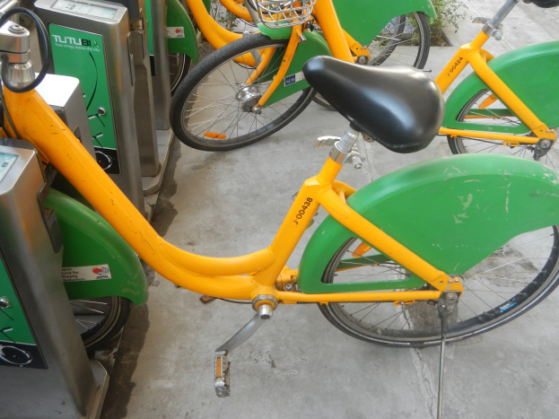 Eine Reihe gelber und grüner Fahrräder nebeneinander geparkt, mit Maschinen links und Pflanzen im Hintergrund.