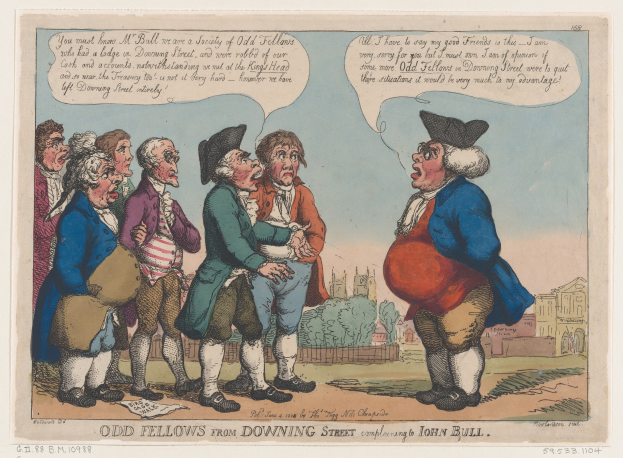 Cartoon illustration of a group of people standing outside a building with trees and sky, with text at the bottom reading "odd fellows from downing street complaining to John Bull".