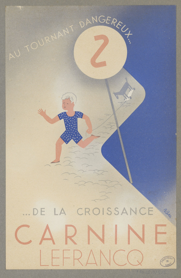 Ein Plakat für ein Karnevalsfest in Frankreich, das eine Person in einem leuchtend gelben Kleid zeigt, die breit lächelt, umgeben von der Schrift "Karneval" in fetter schwarzer Schrift.