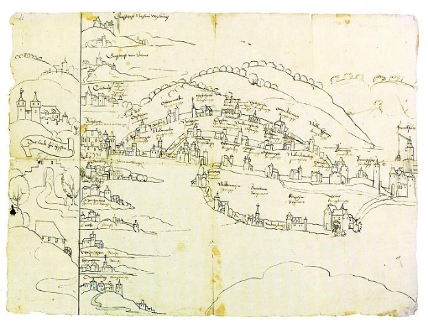 Ein aufgeschlagenes Buch, das eine detaillierte Karte von Heidelberg, Deutschland, zeigt, mit sichtbaren Gebäuden, Straßen und anderen Stadtmerkmalen, begleitet von Text.