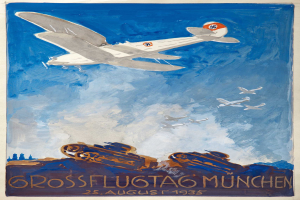 Plakat, das eine Luftschau in München am 25. August 1935 ankündigt, mit einem Flugzeug im Vordergrund und mehreren Flugzeugen am Himmel darüber.