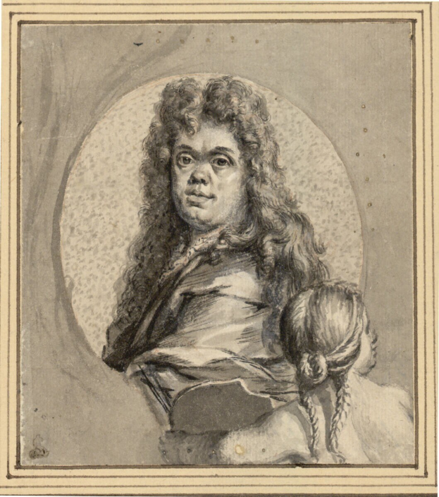 Ein Porträt eines Mannes mit langen Haaren und einem ernsten Gesichtsausdruck, der dem Betrachter gegenübersteht, neben einer Frau, die ein Kind hält und einen sanften Gesichtsausdruck hat, beide schauen direkt in die Kamera.